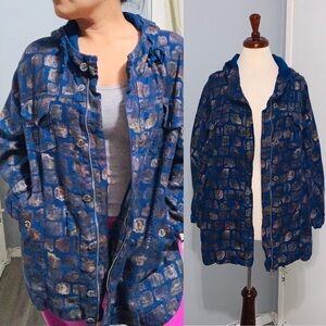 Alain Murati Studio Blue Gold Oversized 100% Linen Shacket with Hoodie Size M